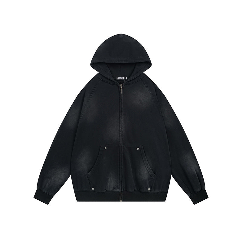 Retro Patchwork Embroidered Washed Distressed Loose Hoodie Zip-Up Sweatshirt for Men and Women,Couple's Lightweight Fleece Jacket