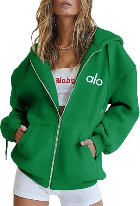 Alo Women's Personality Print Zip-Up Hoodie Loose Casual Long Sleeve Hooded Sweatshirt Sporty Style