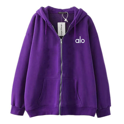 Alo Women's Personality Print Zip-Up Hoodie Loose Casual Long Sleeve Hooded Sweatshirt Sporty Style