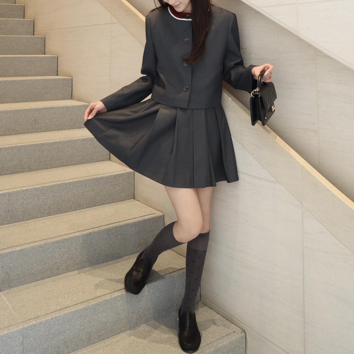 Colorblock Knit Round Neck Coat for Women, Loose Box Cut Top with Pleated Skirt Grey Set