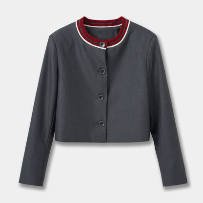 Colorblock Knit Round Neck Coat for Women, Loose Box Cut Top with Pleated Skirt Grey Set