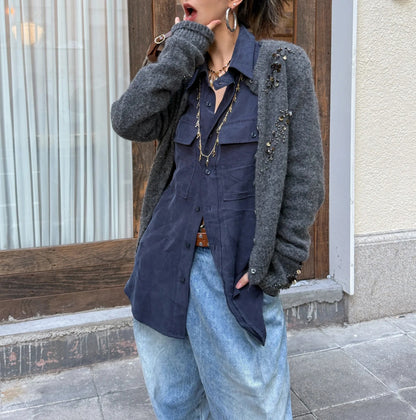 Fashion Style:Autumn/Winter Trendy  Pattern Type Beading &ampSequins  MaterialWool  Neckline: Round Neck  Fit TypeCardigan Sweater