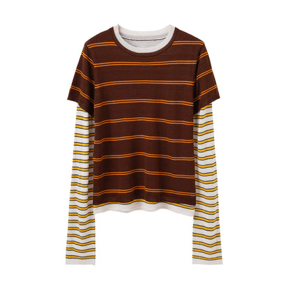 Fashionable Color-Blocking Sleeve Mock Two-Piece Knit Long Sleeve Women's Round Neck Striped Wool Knit Top