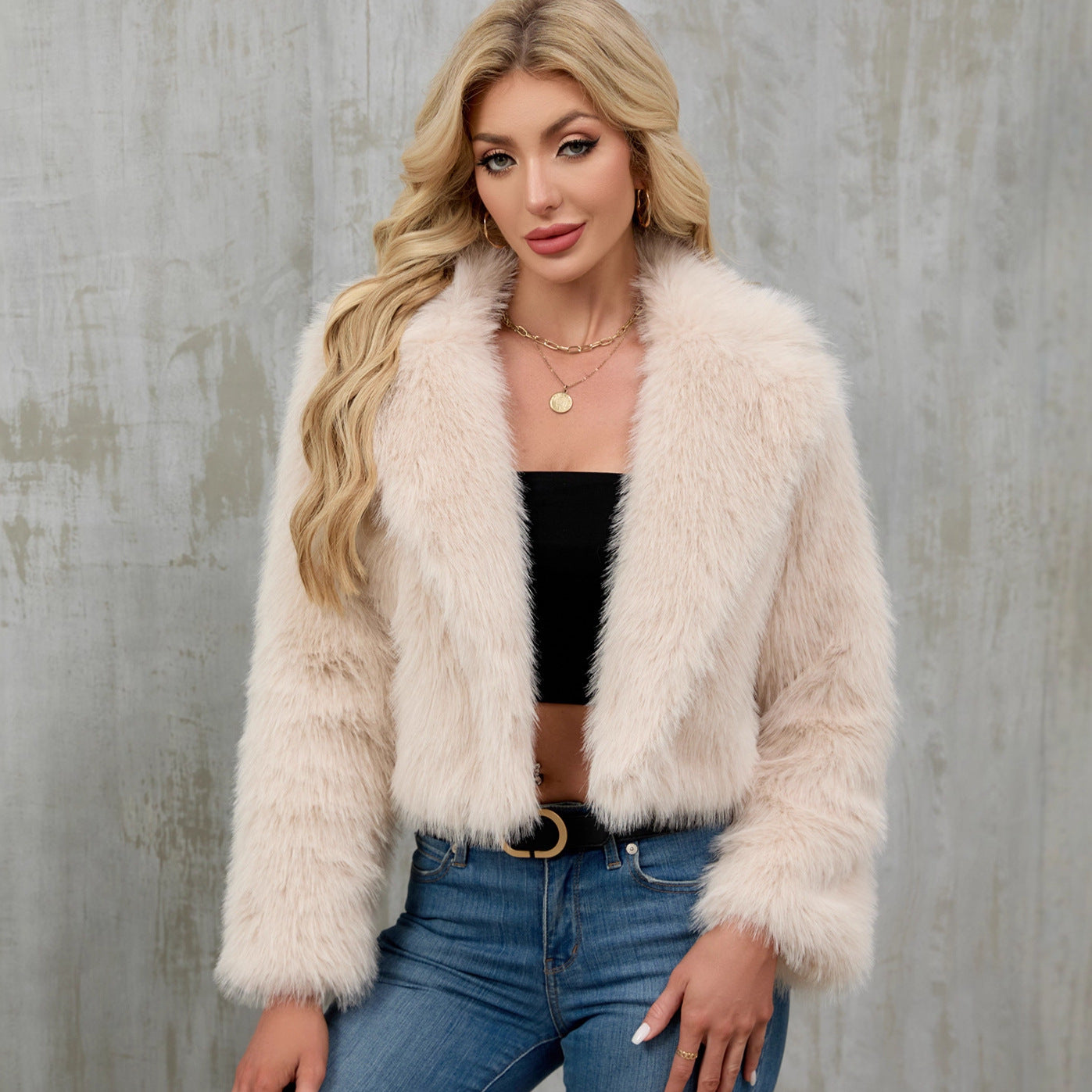Women's plush short jacket, faux fur coat, suit collar coat
