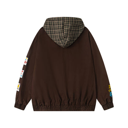 Retro Cartoon Embroidery Multi-pocket Hooded Jacket for Men and Women, Loose College Style Outerwear