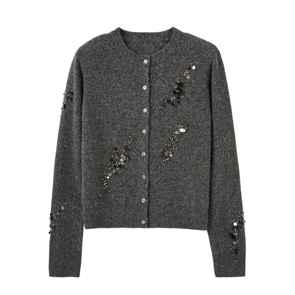 Fashion Style:Autumn/Winter Trendy  Pattern Type Beading &ampSequins  MaterialWool  Neckline: Round Neck  Fit TypeCardigan Sweater