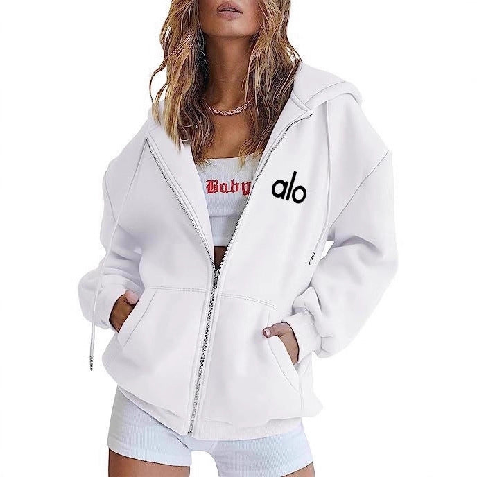 Alo Women's Personality Print Zip-Up Hoodie Loose Casual Long Sleeve Hooded Sweatshirt Sporty Style