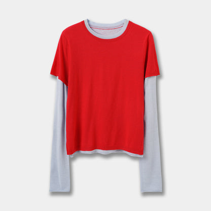 Fashionable Color-Blocking Sleeve Mock Two-Piece Knit Long Sleeve Women's Round Neck Striped Wool Knit Top