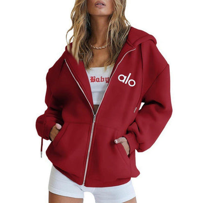 Alo Women's Personality Print Zip-Up Hoodie Loose Casual Long Sleeve Hooded Sweatshirt Sporty Style