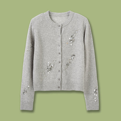 Fashion Style:Autumn/Winter Trendy  Pattern Type Beading &ampSequins  MaterialWool  Neckline: Round Neck  Fit TypeCardigan Sweater
