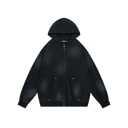 Retro Patchwork Embroidered Washed Distressed Loose Hoodie Zip-Up Sweatshirt for Men and Women,Couple's Lightweight Fleece Jacket