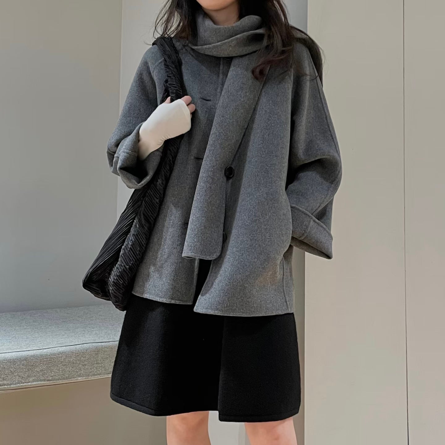 Casa Double-Faced Wool Scarf-Style Short Coat Jacket Loose Neck Warmer Outerwear for Women