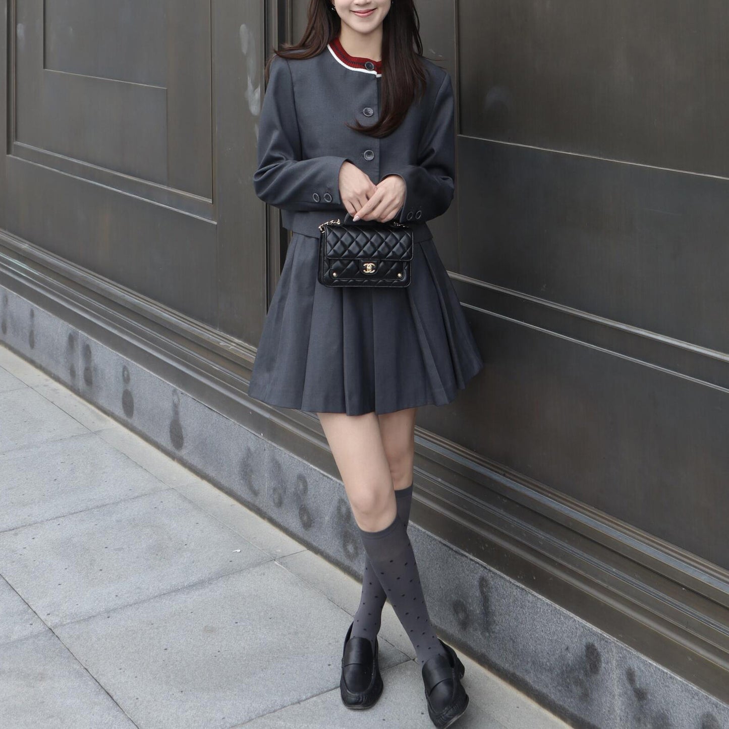 Colorblock Knit Round Neck Coat for Women, Loose Box Cut Top with Pleated Skirt Grey Set