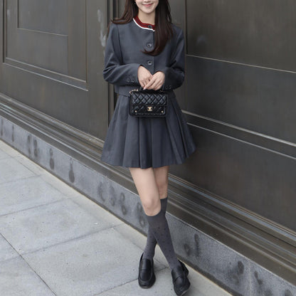 Colorblock Knit Round Neck Coat for Women, Loose Box Cut Top with Pleated Skirt Grey Set