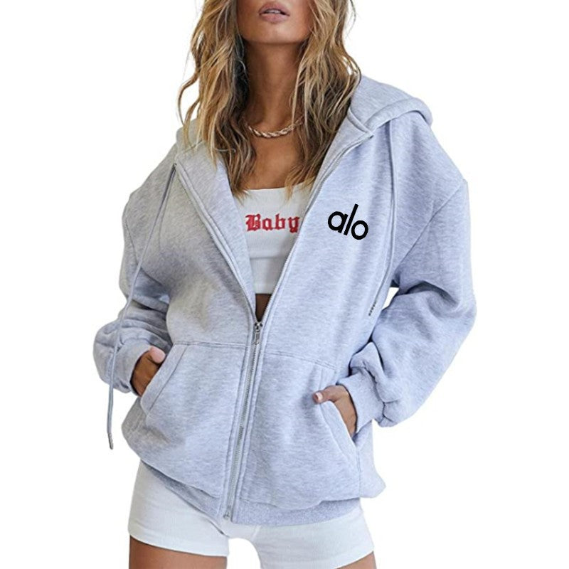 Alo Women's Personality Print Zip-Up Hoodie Loose Casual Long Sleeve Hooded Sweatshirt Sporty Style