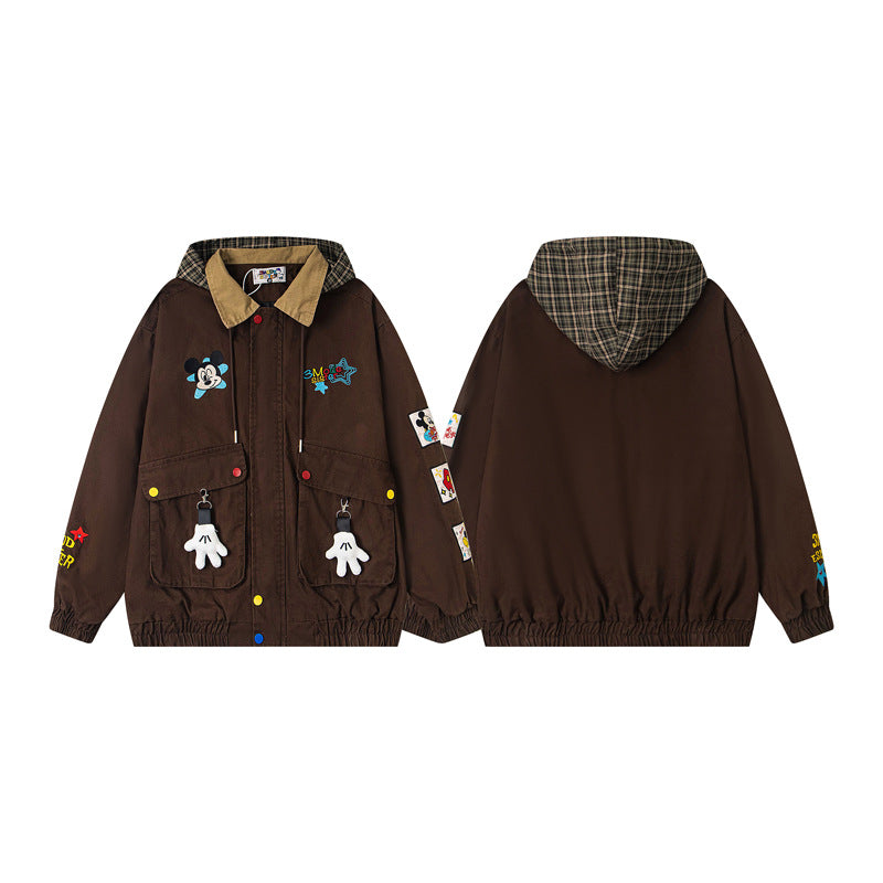 Retro Cartoon Embroidery Multi-pocket Hooded Jacket for Men and Women, Loose College Style Outerwear
