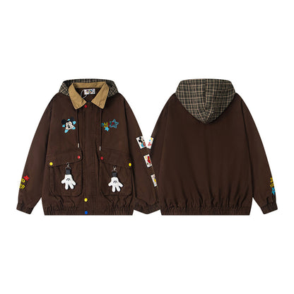 Retro Cartoon Embroidery Multi-pocket Hooded Jacket for Men and Women, Loose College Style Outerwear