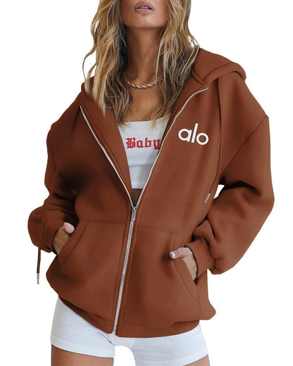 Alo Women's Personality Print Zip-Up Hoodie Loose Casual Long Sleeve Hooded Sweatshirt Sporty Style