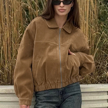 Retro British style leather jacket with zipper and loose suede jacket