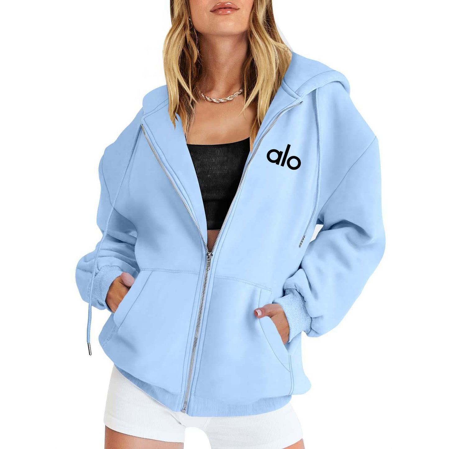 Alo Women's Personality Print Zip-Up Hoodie Loose Casual Long Sleeve Hooded Sweatshirt Sporty Style
