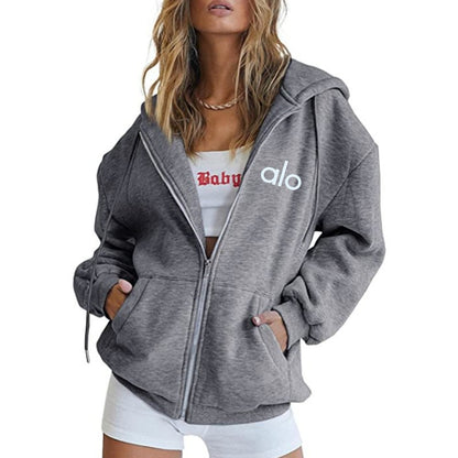 Alo Women's Personality Print Zip-Up Hoodie Loose Casual Long Sleeve Hooded Sweatshirt Sporty Style