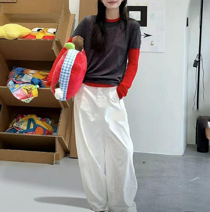 Fashionable Color-Blocking Sleeve Mock Two-Piece Knit Long Sleeve Women's Round Neck Striped Wool Knit Top