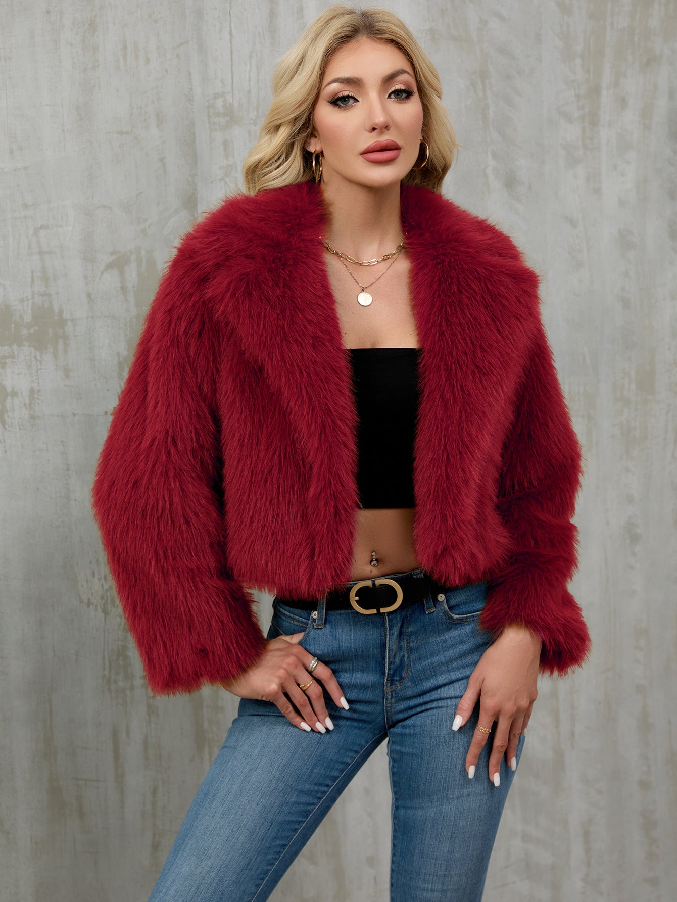 Women's plush short jacket, faux fur coat, suit collar coat