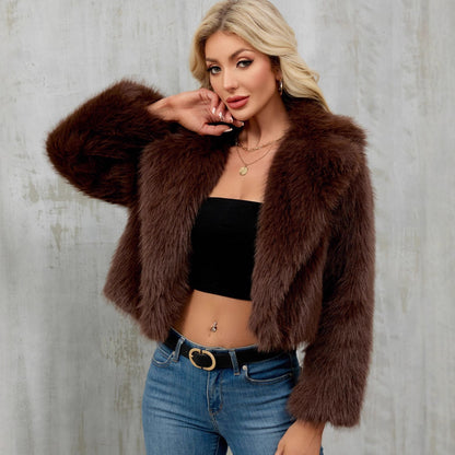 Women's plush short jacket, faux fur coat, suit collar coat