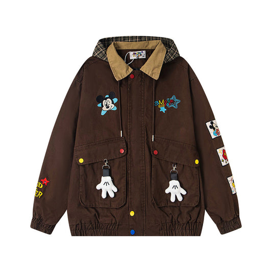 Retro Cartoon Embroidery Multi-pocket Hooded Jacket for Men and Women, Loose College Style Outerwear