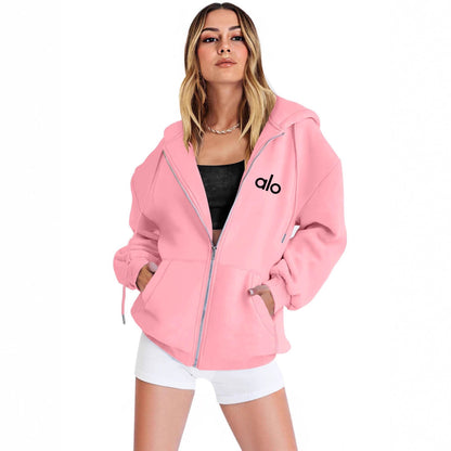 Alo Women's Personality Print Zip-Up Hoodie Loose Casual Long Sleeve Hooded Sweatshirt Sporty Style