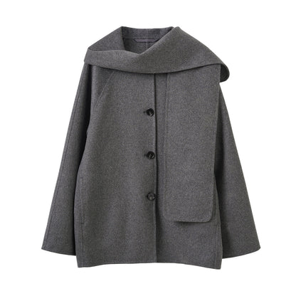 Casa Double-Faced Wool Scarf-Style Short Coat Jacket Loose Neck Warmer Outerwear for Women
