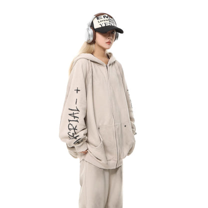 Retro Patchwork Embroidered Washed Distressed Loose Hoodie Zip-Up Sweatshirt for Men and Women,Couple's Lightweight Fleece Jacket