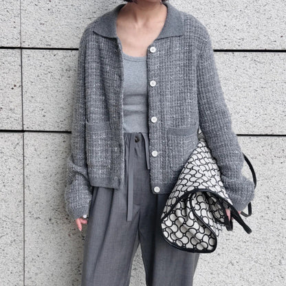 Chic Wool Blend Knit Cardigan Short Jacket in Little Champagne Style Top