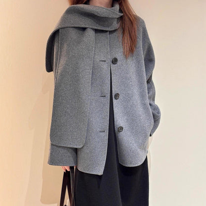 Casa Double-Faced Wool Scarf-Style Short Coat Jacket Loose Neck Warmer Outerwear for Women