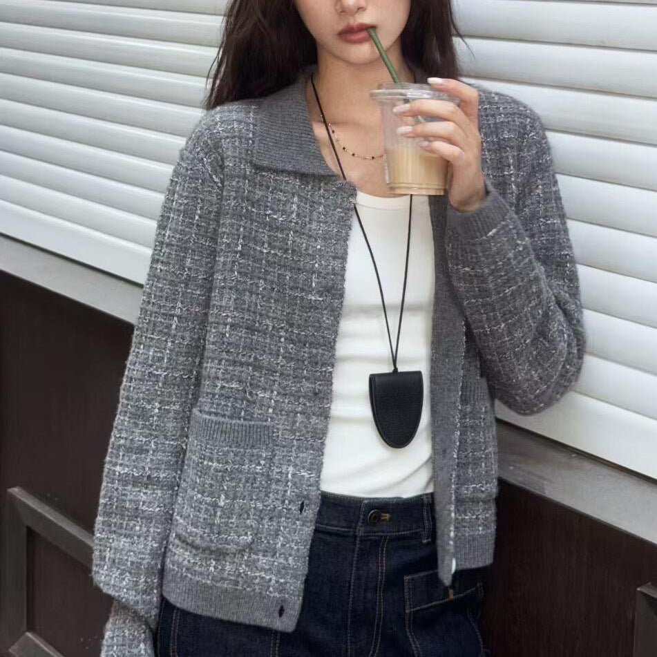 Chic Wool Blend Knit Cardigan Short Jacket in Little Champagne Style Top