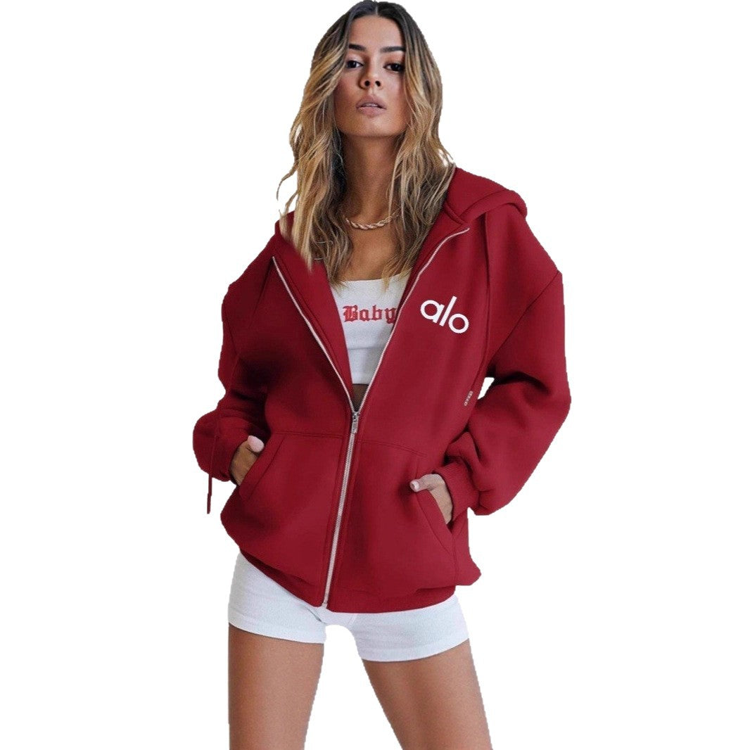Alo Women's Personality Print Zip-Up Hoodie Loose Casual Long Sleeve Hooded Sweatshirt Sporty Style
