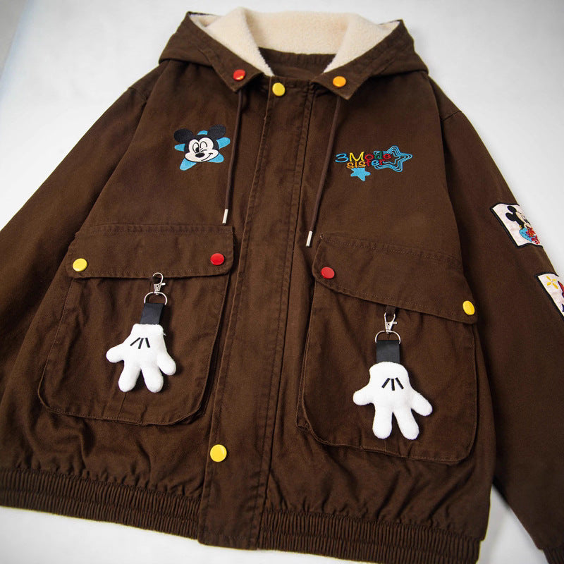 Retro Cartoon Embroidery Multi-pocket Hooded Jacket for Men and Women, Loose College Style Outerwear