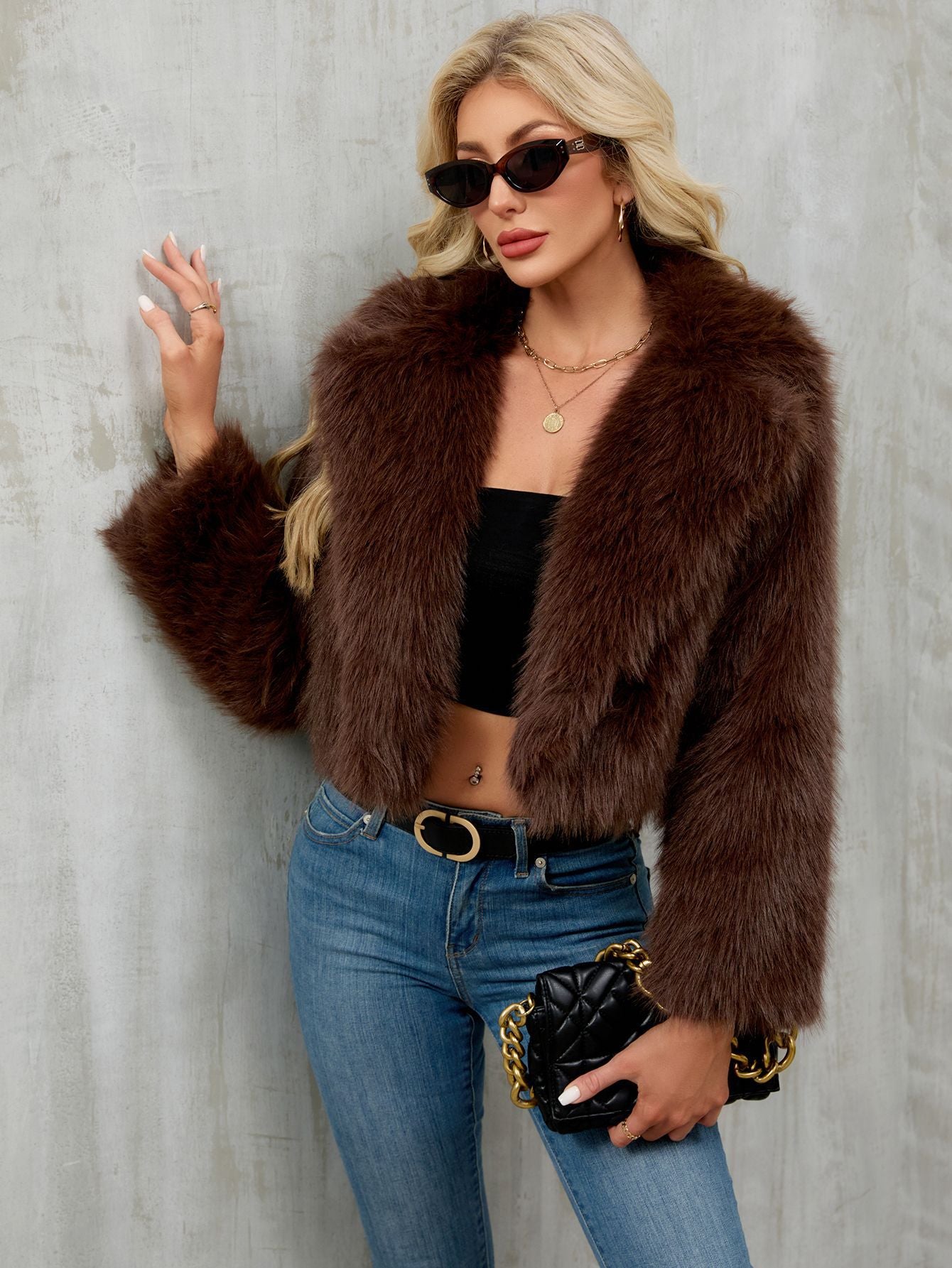 Women's plush short jacket, faux fur coat, suit collar coat