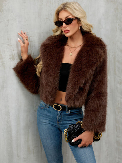 Women's plush short jacket, faux fur coat, suit collar coat