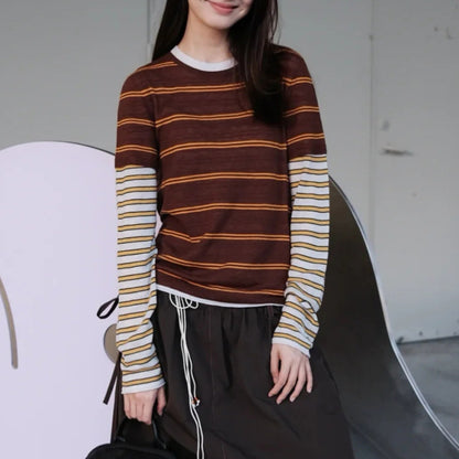 Fashionable Color-Blocking Sleeve Mock Two-Piece Knit Long Sleeve Women's Round Neck Striped Wool Knit Top