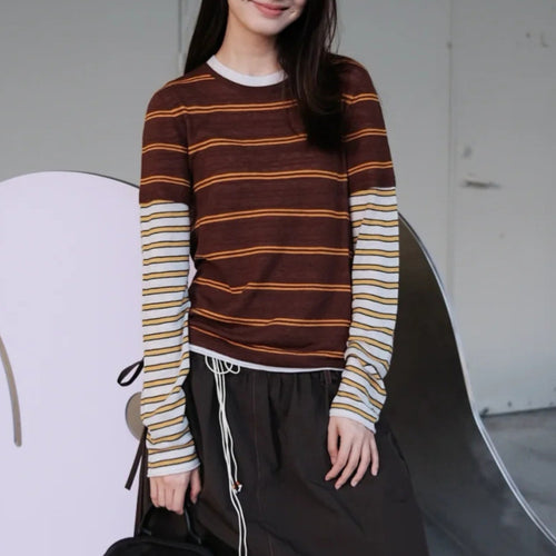 Fashionable Color-Blocking Sleeve Mock Two-Piece Knit Long Sleeve Women's Round Neck Striped Wool Knit Top