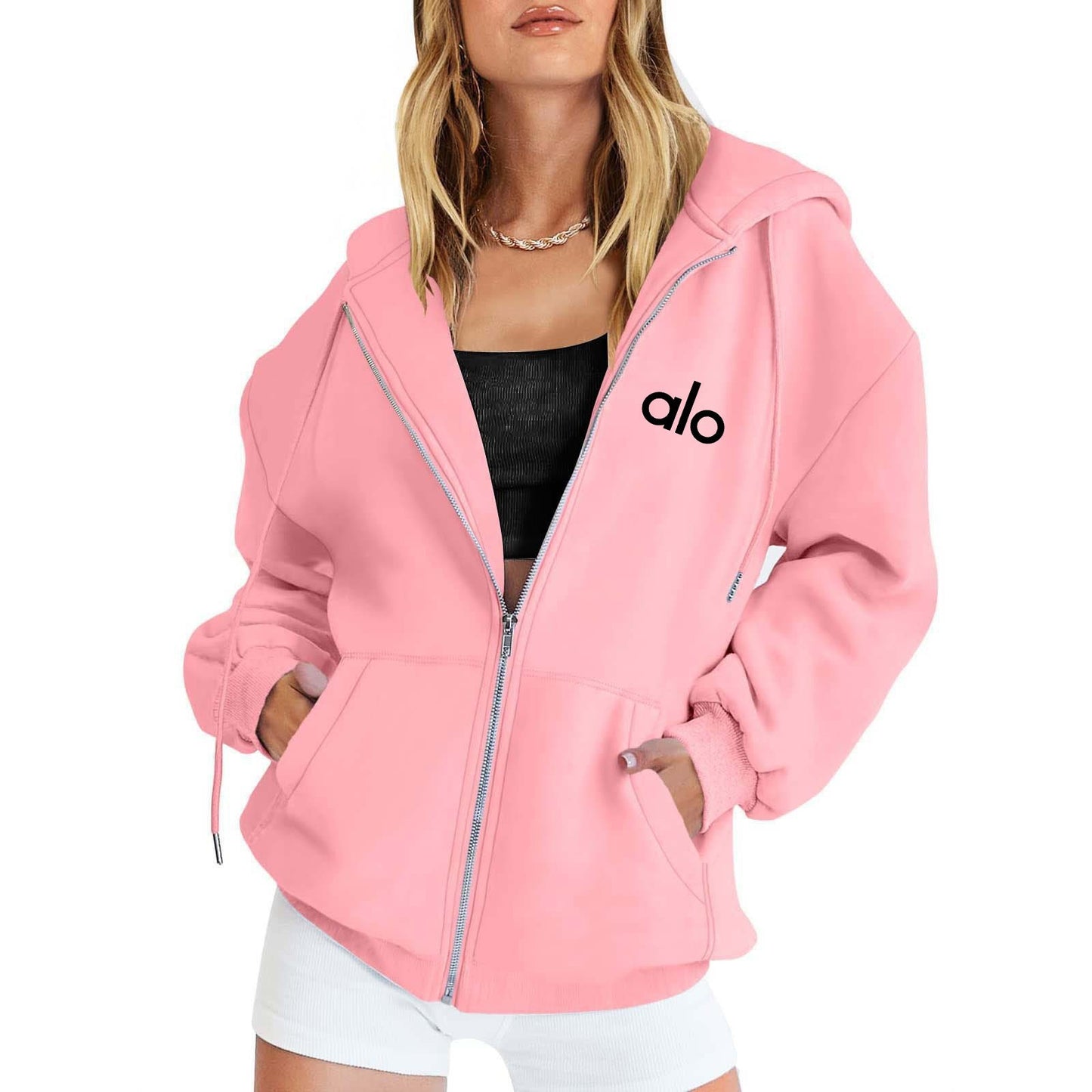 Alo Women's Personality Print Zip-Up Hoodie Loose Casual Long Sleeve Hooded Sweatshirt Sporty Style
