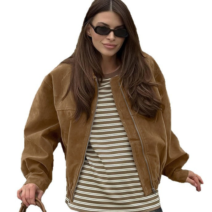 Retro British style leather jacket with zipper and loose suede jacket