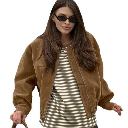 Retro British style leather jacket with zipper and loose suede jacket