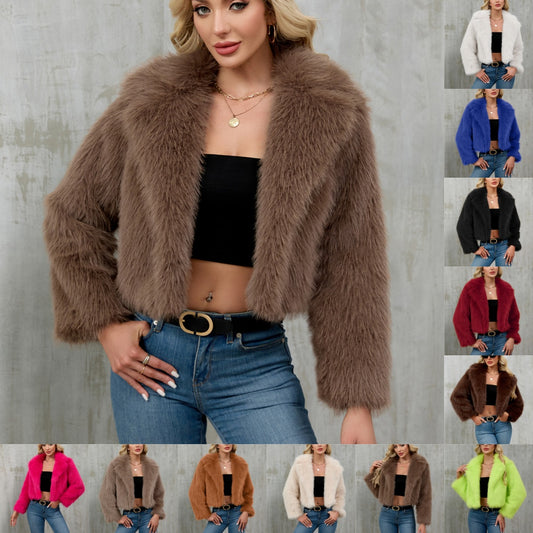 Women's plush short jacket, faux fur coat, suit collar coat