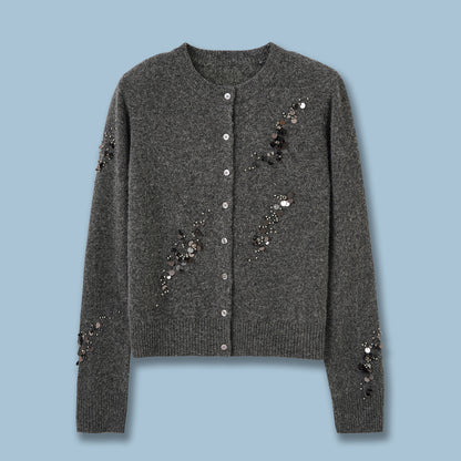 Fashion Style:Autumn/Winter Trendy  Pattern Type Beading &ampSequins  MaterialWool  Neckline: Round Neck  Fit TypeCardigan Sweater