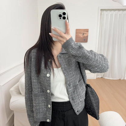 Chic Wool Blend Knit Cardigan Short Jacket in Little Champagne Style Top