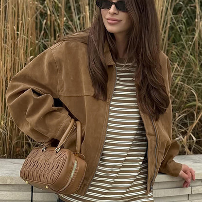 Retro British style leather jacket with zipper and loose suede jacket