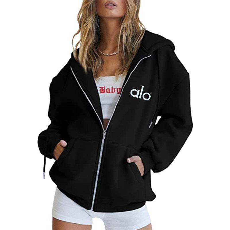 Alo Women's Personality Print Zip-Up Hoodie Loose Casual Long Sleeve Hooded Sweatshirt Sporty Style