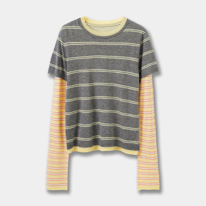 Fashionable Color-Blocking Sleeve Mock Two-Piece Knit Long Sleeve Women's Round Neck Striped Wool Knit Top